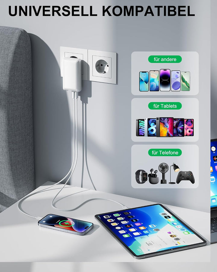 USB Ladegerät Flach,3 Ports USB C Stecker Abgewinkelt,Flaches Netzteil mit 20W PD Schnellladegerät,F
