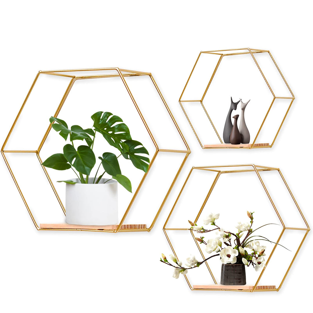 Hexagon Wandregal Metall 3er Set, Gold Deko Hängeregal Loft Wandregale, Wand Regal für Wanddeko in W