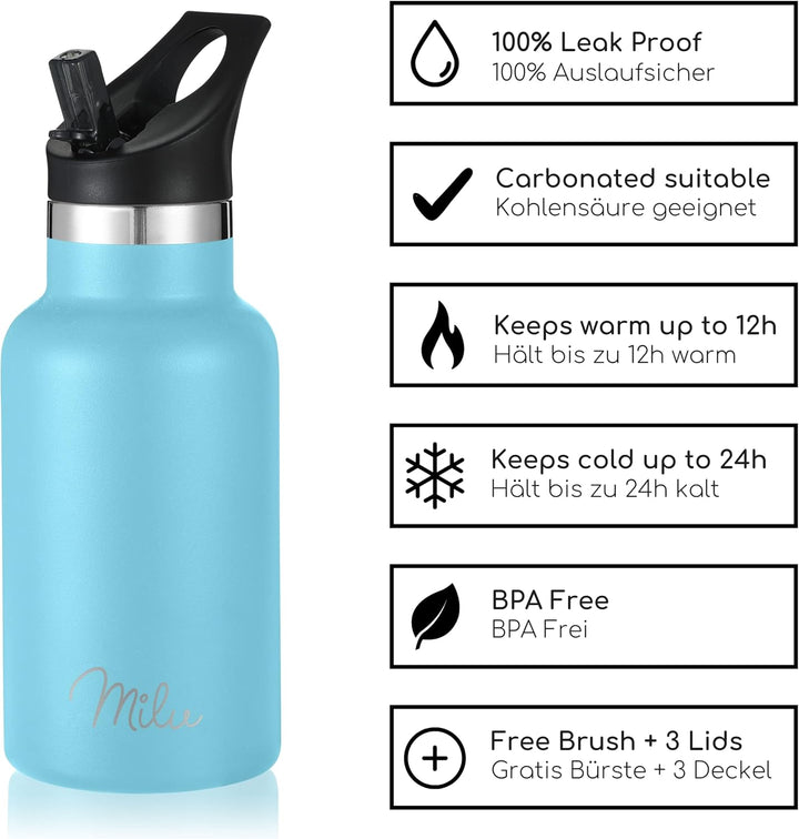 Milu Edelstahl Trinkflasche 350ml 500ml 750ml 1000ml (+3 Deckel) Thermosflasche mit Strohhalm Isolie