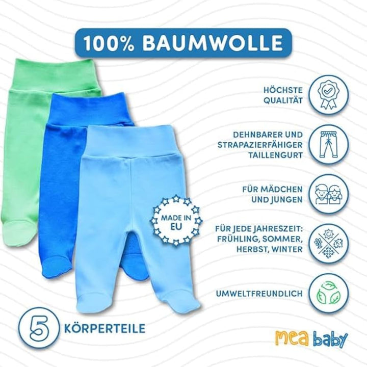 MEA BABY Unisex Baby Hose mit Fuss aus 100% Baumwolle im 5er Pack. Baby Stramplerhose mit Fuss. Baby