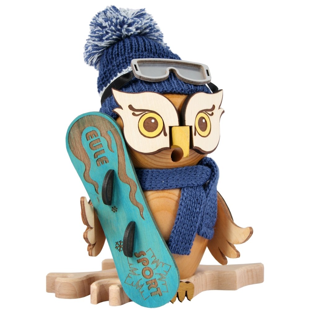 Drechslerei Kuhnert - Rauchfigur/Räucherfigur - Eule mit Snowboard aus Massivholz - ca. 15 cm - Made