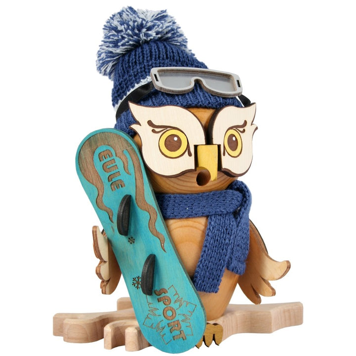Drechslerei Kuhnert - Rauchfigur/Räucherfigur - Eule mit Snowboard aus Massivholz - ca. 15 cm - Made