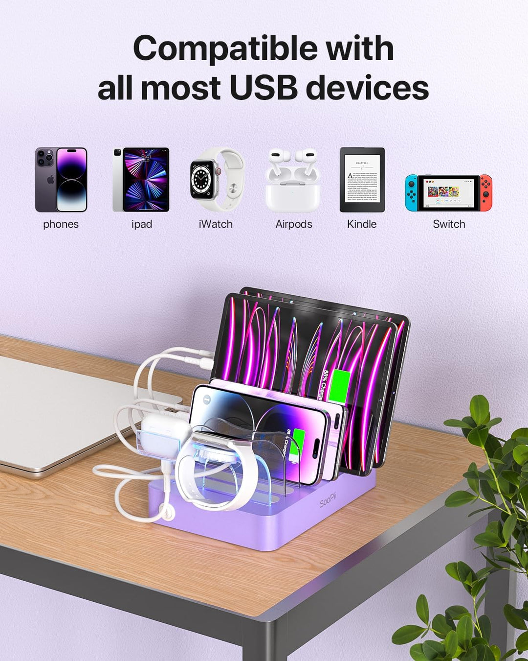 SooPii USB-Ladestation Organizer für mehrere Geräte, 6 Ports 50W Ladestation mit 6 Kabeln und aktual