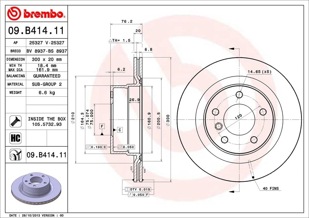 Brembo 09.B414.11 Hintere Bremsscheibe mit UV Lackierung, Anzahl 2