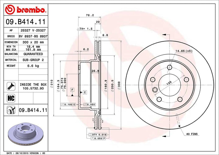 Brembo 09.B414.11 Hintere Bremsscheibe mit UV Lackierung, Anzahl 2