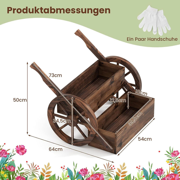 COSTWAY Blumenwagen Holz, Blumenständer mit 2 Rädern & Griffen & Drainagelöchern, Pflanzwagen, 2-stu