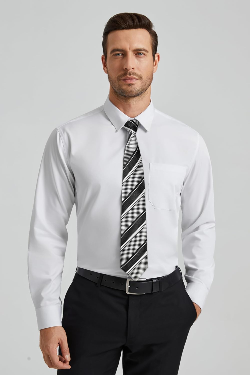 HISDERN Herren Hemd Langarm Einfarbige Hemden mit Krawatte und Taschentuch Formelle Businesshemd Hoc
