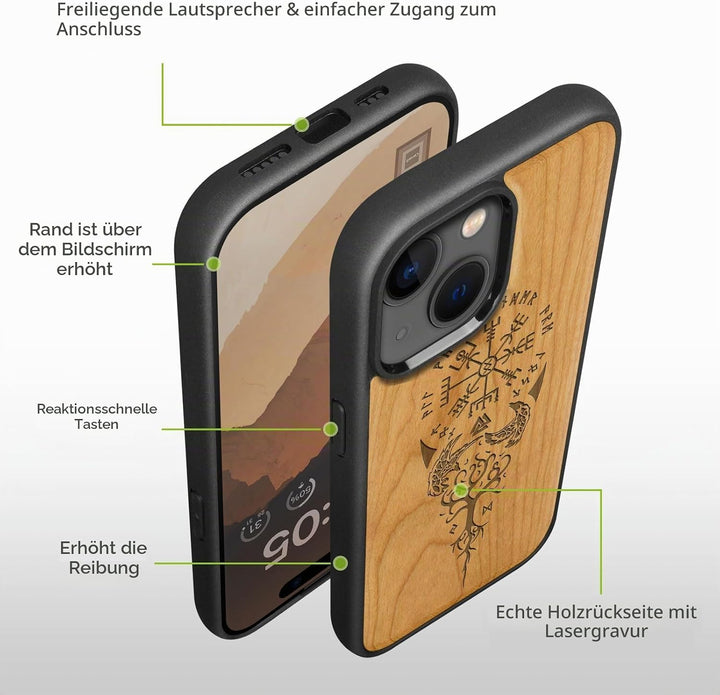 Carveit Holz Cover für iPhone 15 hülle, Kompatibel mit Magsafe Silikon Stossfeste Cover, Magnetisch