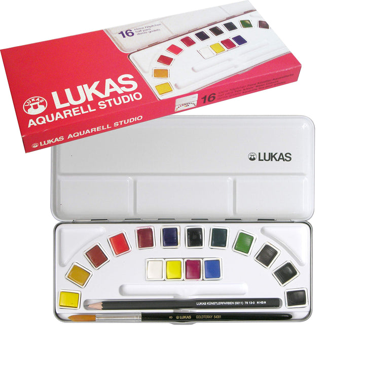 LUKAS AQUARELL STUDIO, Aquarellfarben in Premium-Qualität, Set mit 16 x 1/2-Näpfchen mit Pinsel und