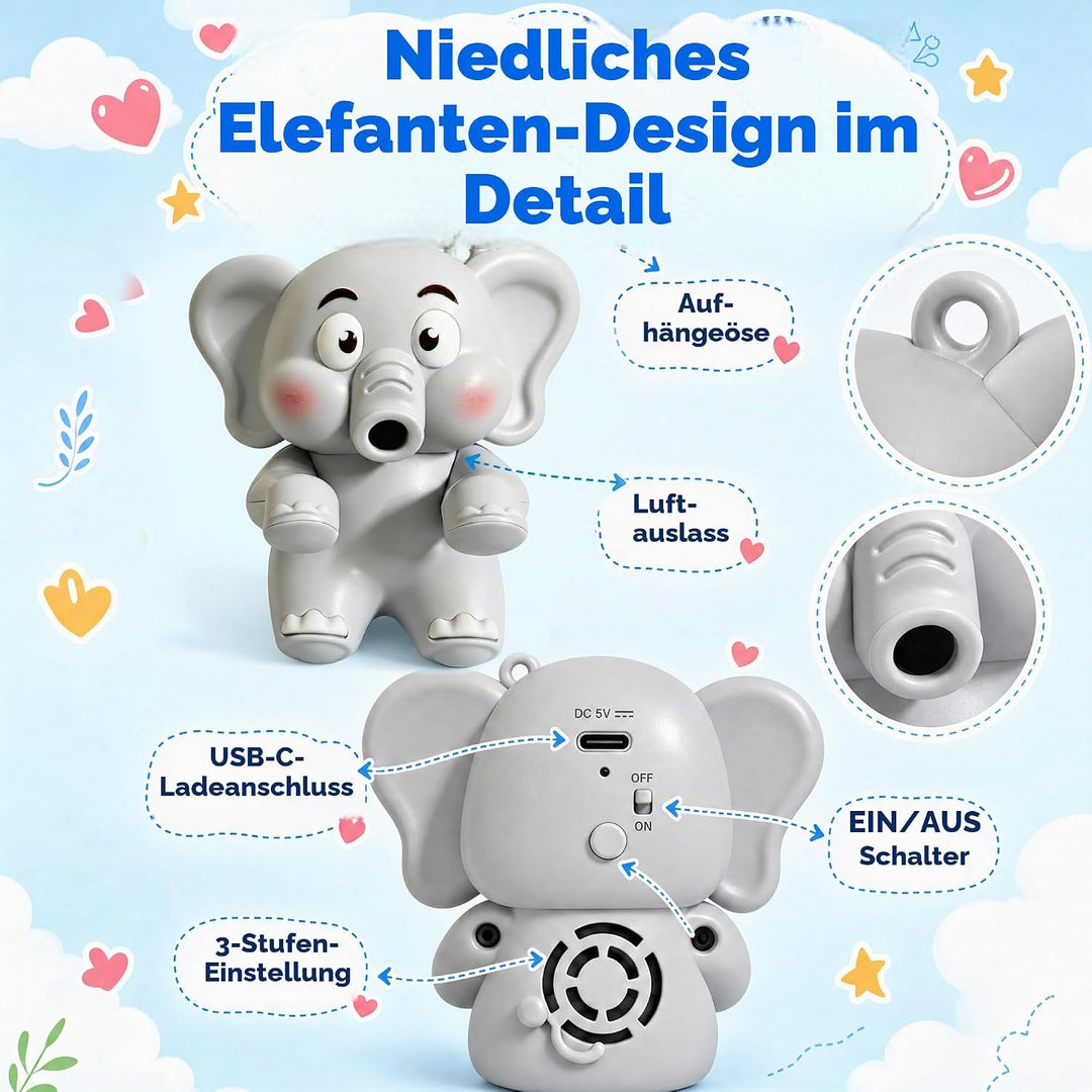 Kühlender Mini-Ventilator Zum Anklippen, Elefant Tragbarer Ventilator