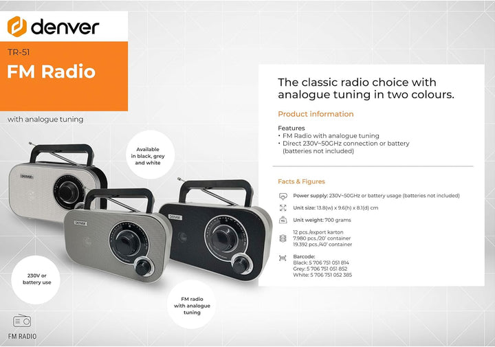 Denver TR-51 UKW-Radio mit analogem Tuning, Weiss, Weiss