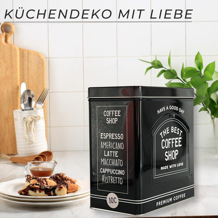 Vorratsdose Kaffeedose Teedose eckig mit Schublade, lackiert schwarz mit weisser Schrift Masse: (H/B