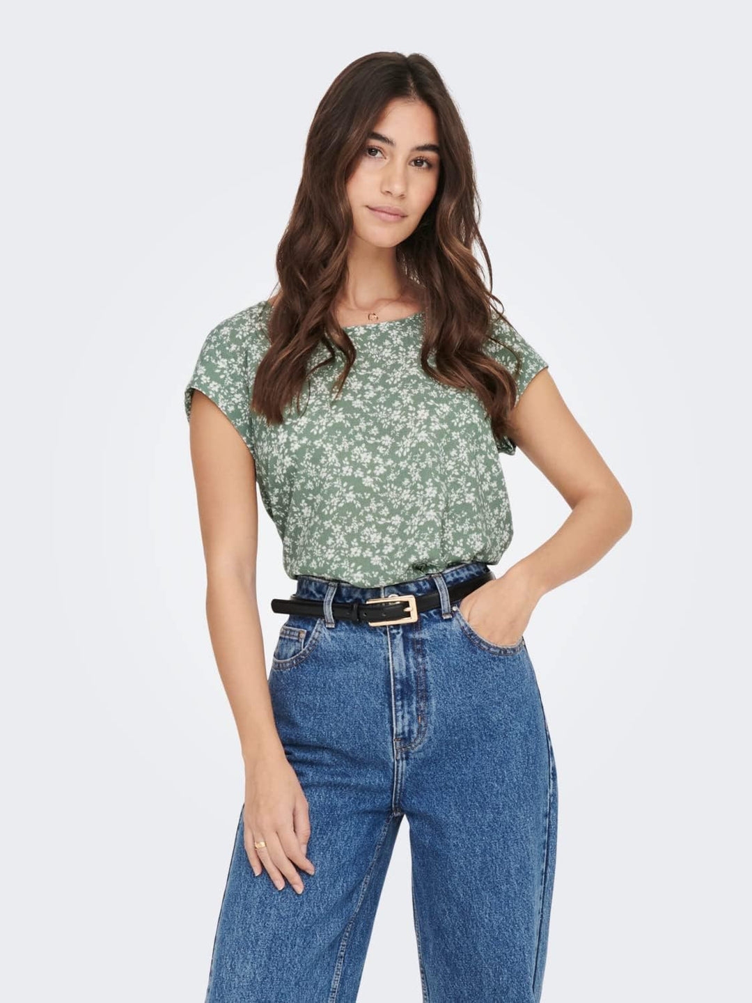 ONLY Damen Onlvic S/S Solid AOP Top Ptm T-Shirt, Blusenshirt, Kurzarm 34 Lily Pad/Aop:emma Mono Flow