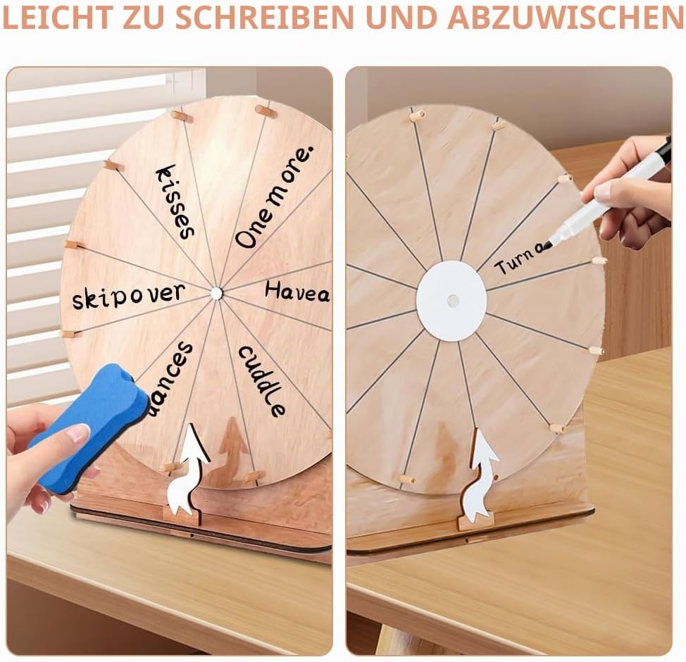 Glücksrad zum Drehen, 12 Steckplätze Gluecksrad Holz, 30CM Glücksrad mit Trocken Abwischbarem Marker