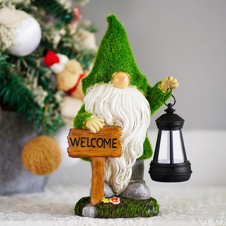 Yeomoo Beflockter Harz Zwerg Gartendeko Figuren, Gartenzwerge für Aussen mit LED-Solarlaterne, Wasse