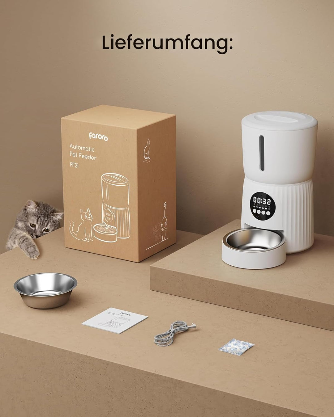 faroro Futterautomat Katze, 4L Katzenfutter Automat, Futterspender Katze Mit 1–6 Mahlzeiten Pro Tag,