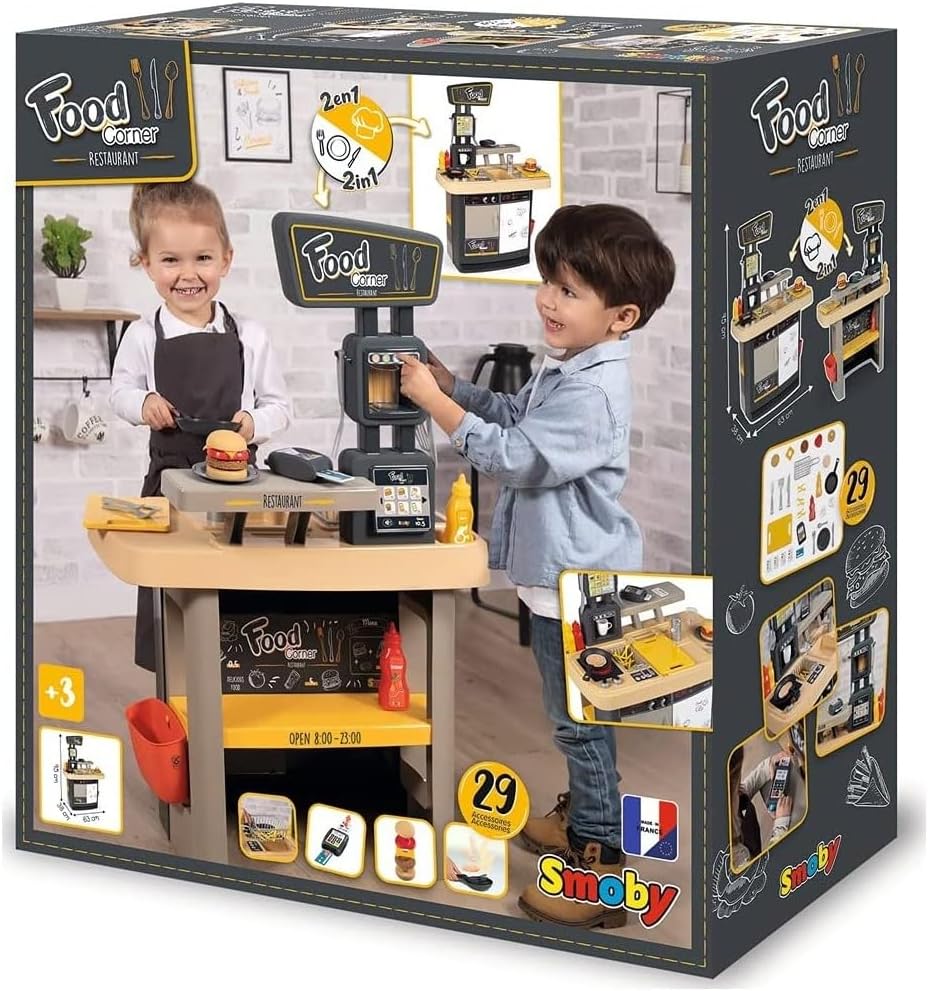 Smoby - Food Corner - 2-in-1 Spielküche und Kinderrestaurant, kompakt und rundum bespielbar, mit 29