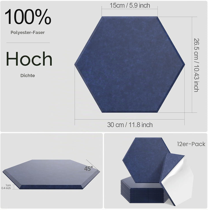 JBER 12 Pack Sechseck-Akustik-Paneele, schalldichter Schaumstoff selbstklebend, 30 X 26 X 1cm hochdi