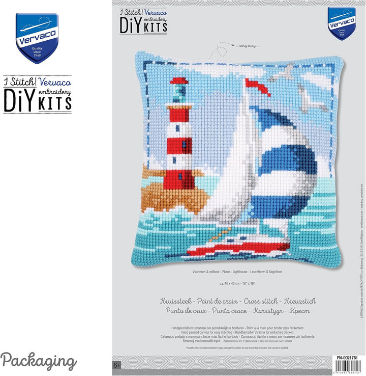 Vervaco Kreuzstichkissen Leuchtturm &amp; Segelboot, Stickbild vorgezeichnet Kreuzstichpackung Kissen, v