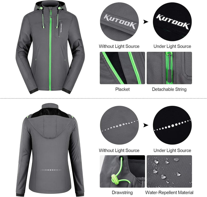 KUTOOK Wasserdicht Softshelljacke Damen Lange Ärmel 5 Taschen grosse Kapazität Jacke mit Kapuze für