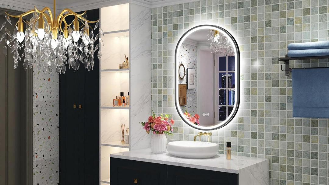 S'bagno Badspiegel mit Beleuchtung Oval 60x90cm, LED Badezimmerspiegel mit Aluminiumrahmen, Nebelfre