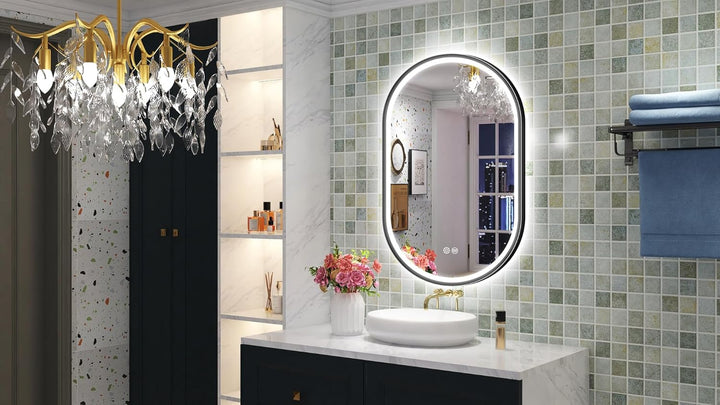 S'bagno Badspiegel mit Beleuchtung Oval 60x90cm, LED Badezimmerspiegel mit Aluminiumrahmen, Nebelfre