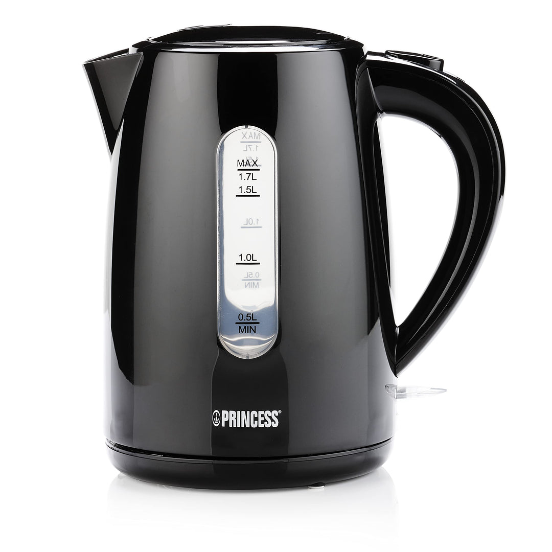 Princess Wasserkocher (schwarz) mit 1,7L Fassungsvermögen - 360° rotierbar mit Wasserstandsanzeige,