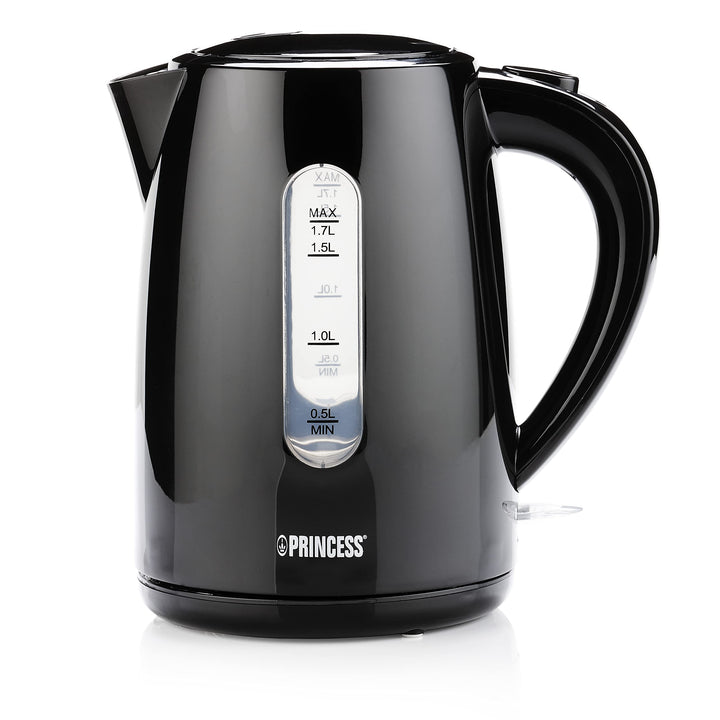Princess Wasserkocher (schwarz) mit 1,7L Fassungsvermögen - 360° rotierbar mit Wasserstandsanzeige,