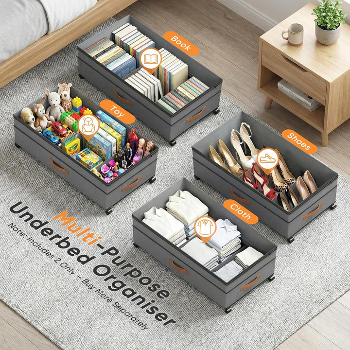 2 Stück Unterbett Aufbewahrungsbox 72L, Unterbettkommode Bettkasten mit Rollen 360°Drehung, Unterbet