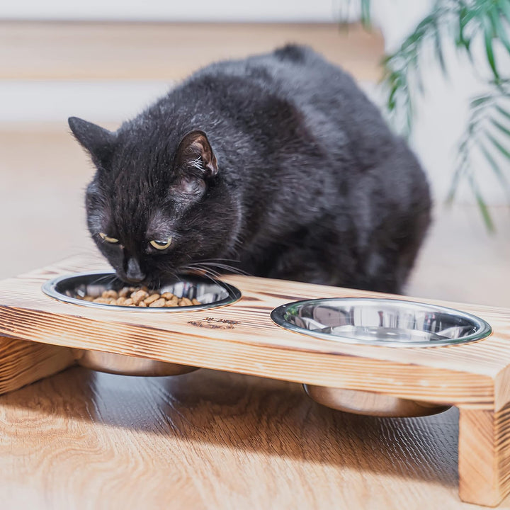 RF - DEER Hunde Futterstation mit 2 Edelstahlnäpfen | Futternapf Erhöht aus Holz | Fressnapf Katze,