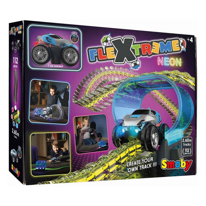 Smoby Toys - FleXtreme Neon Kinder-Rennbahn - flexible Autorennbahn ab 4 Jahren mit spektakulären Li