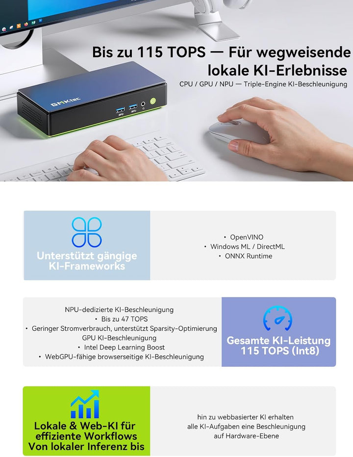 GMKtec Mini PC Intel Ultra 7 256V(8K/8T Bis zu 4.8GHz), K13 Micro PC mit 16GB DDR5 8533 1TB PCIe 4.0