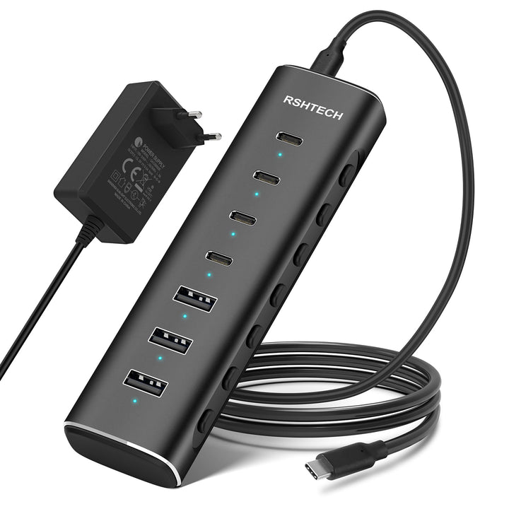 RSHTECH Alle 7 Anschlüsse sind USB-C Hub 3.2 mit Netzteil - Aktiver Verteiler 3.1 - Aktiv Schaltbaer
