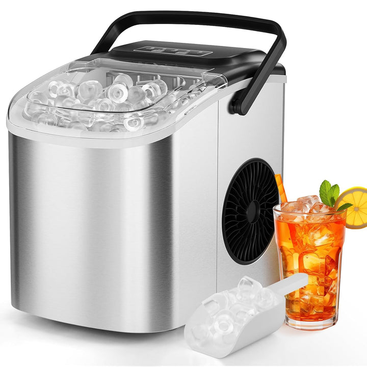 Eiswürfelmaschine, Eiswürfelbereiter Edelstahl, 9 Eiswürfel in 6 Minuten, 12kg/24h, 2 Eiswürfel-Grös