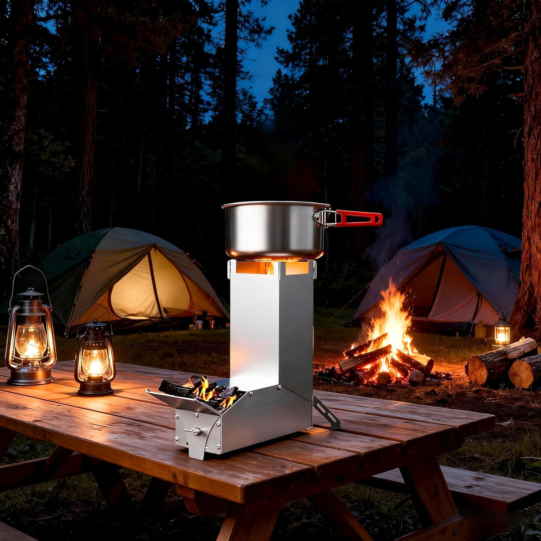 Stahl Raketenofen Outdoor Holzofen mit Abnehmbarem Oben Montiertem Quergestell für Trockentöpfen, Ca
