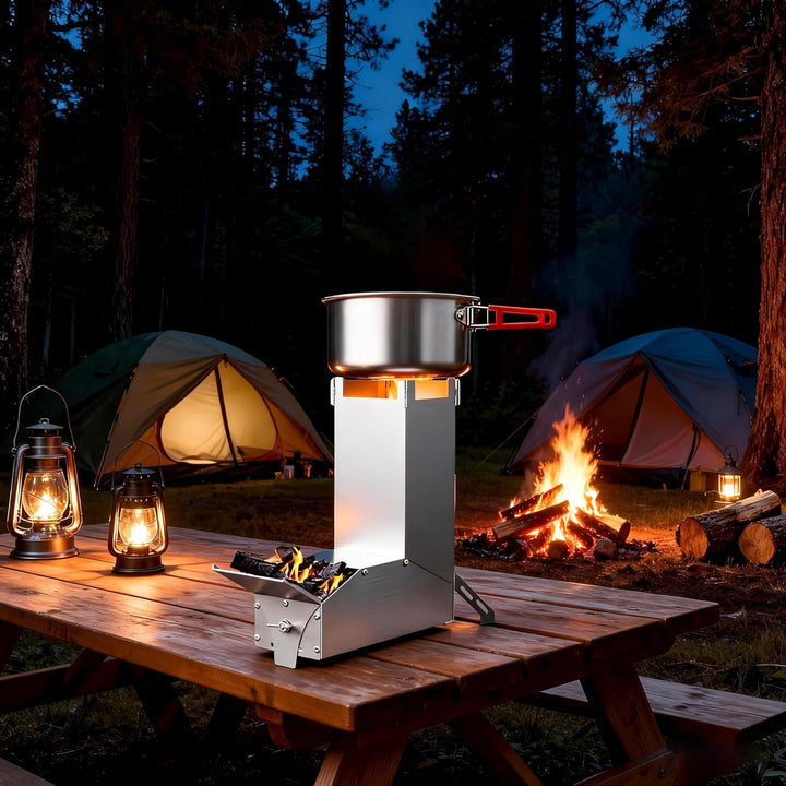 Stahl Raketenofen Outdoor Holzofen mit Abnehmbarem Oben Montiertem Quergestell für Trockentöpfen, Ca