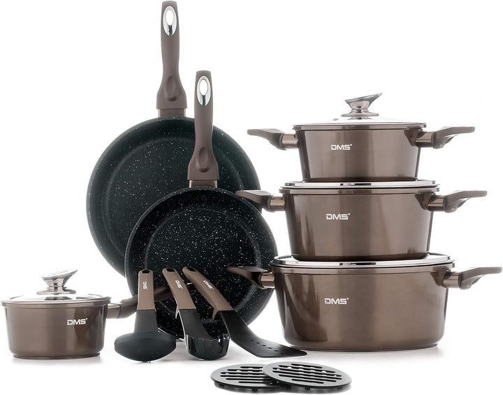DMS® 15-teilig Induktion Kochgeschirr Kochset Töpfe Pfannen Bratpfanne Kasserolle Suppentopf Glasdec
