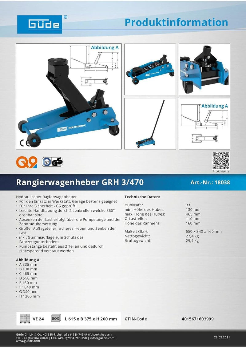 Güde RANGIERWAGENHEBER GRH 3-470