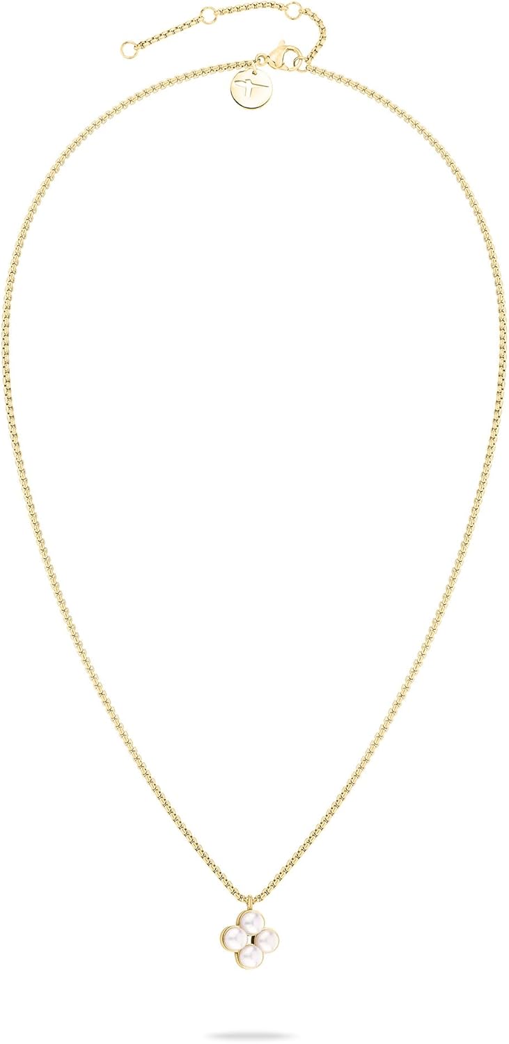 Tamaris Halskette für Damen, Halsschmuck mit Logo Anhänger, wasserfest aus Edelstahl Pearl Flower /