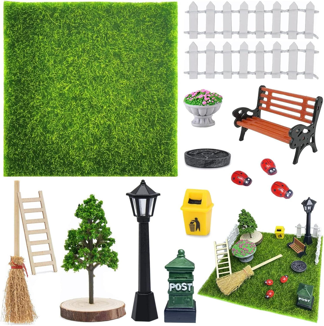 15 Stück Miniatur Garten Zubehör，Kunstrasen Miniaturgarten，Zubehör mit Miniatur Kunstrasen, Zaun, Ba