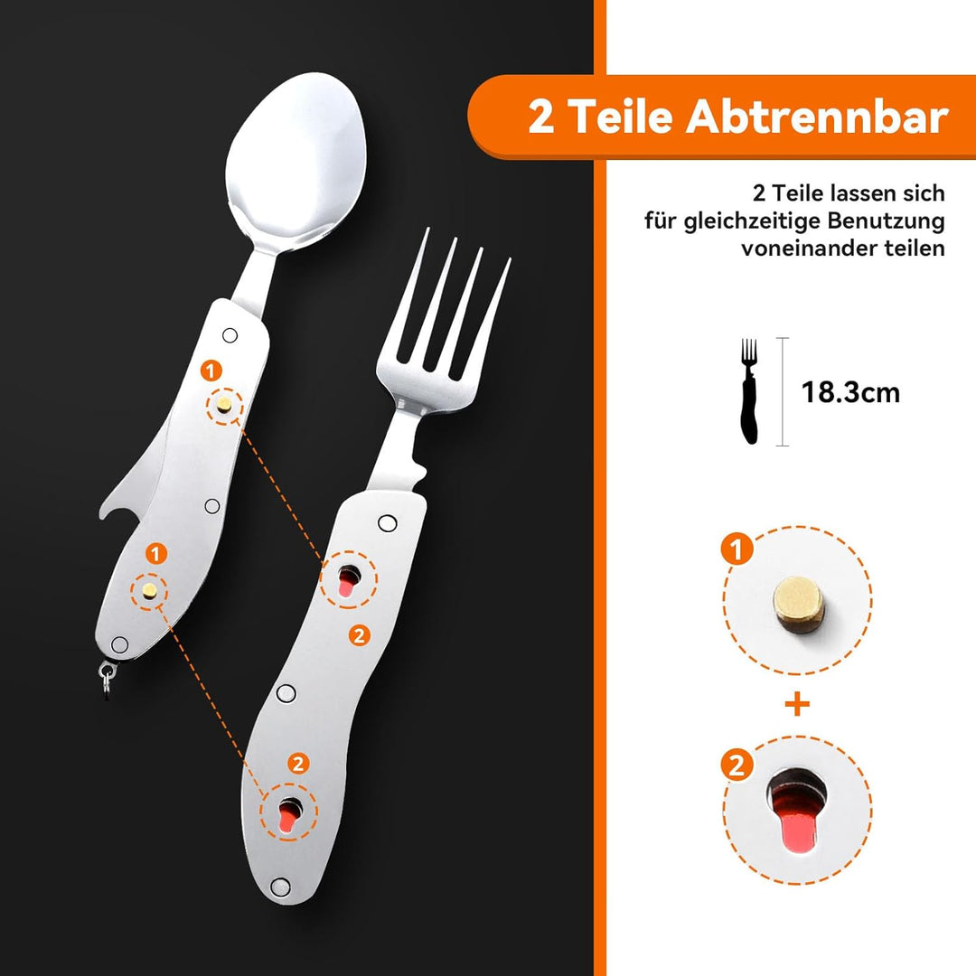 HIKENTURE® Outdoor Campingbesteck Set - Klappbesteck Outdoor Besteck aus Edelstahl mit Gürteltasche