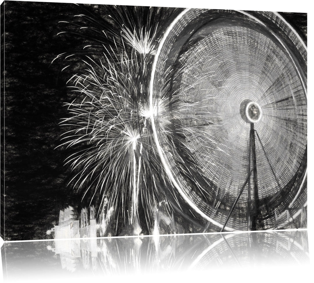 Pixxprint Jahrmarkt mit Feuerwerk / 100x70cm Leinwandbild bespannt auf Holzrahmen/Wandbild Kunstdruc