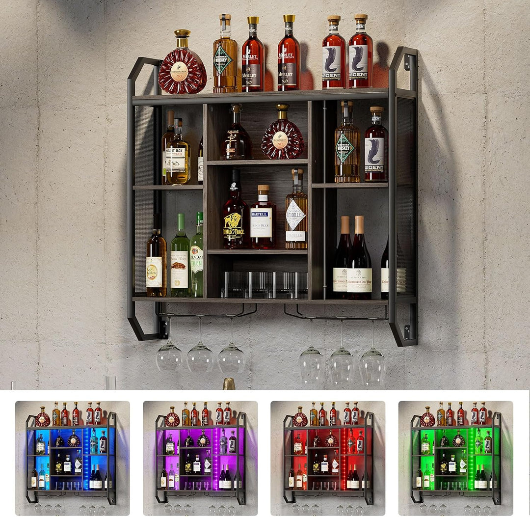 Weinregal Wand Mit LED-Licht 90*90CM Weinregal Zur Wandmontage Aus Eisen+MDF Flaschenregal Wand Wein