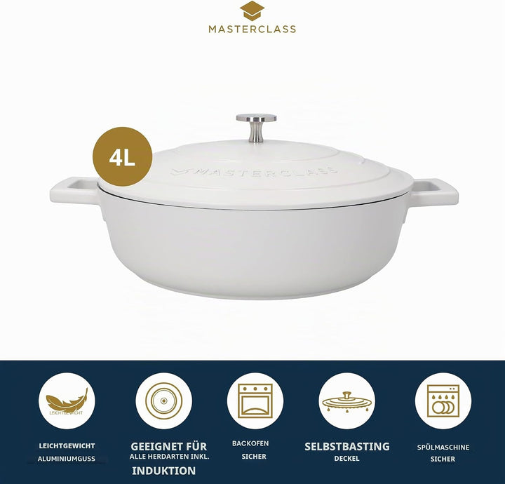 MasterClass Flache Auflaufform mit Deckel 4L/28 cm, leichter Aluminiumguss, induktions- und backofen