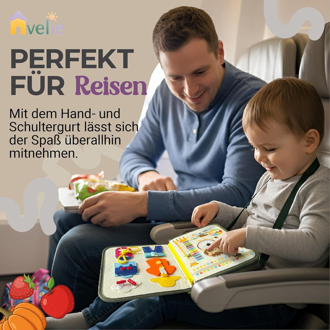 Avelie Montessori Busy Board mit Schultergurt – Filz Motorikspielzeug ab 3 Jahren – Deutsche & Engli