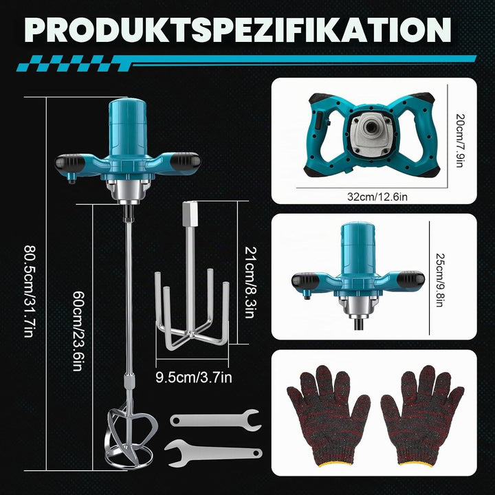 Akku Rührwerk für Farbe und Beton, Kompatibel mit Makita 18V Akku, Elektrischer Mörtelrührer mit 6 G