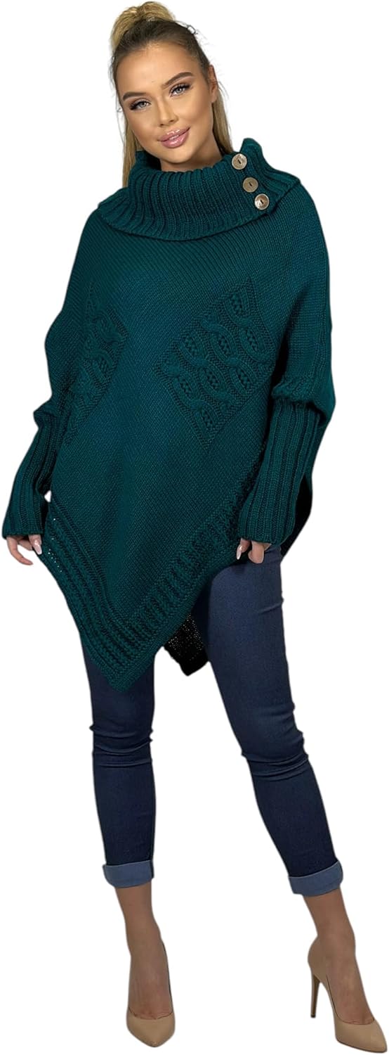 Mississhop Poncho Strick Sweatshirt Pullover Umhang Überwurf Einheitsgrösse Petrol, Einheitsgrösse P