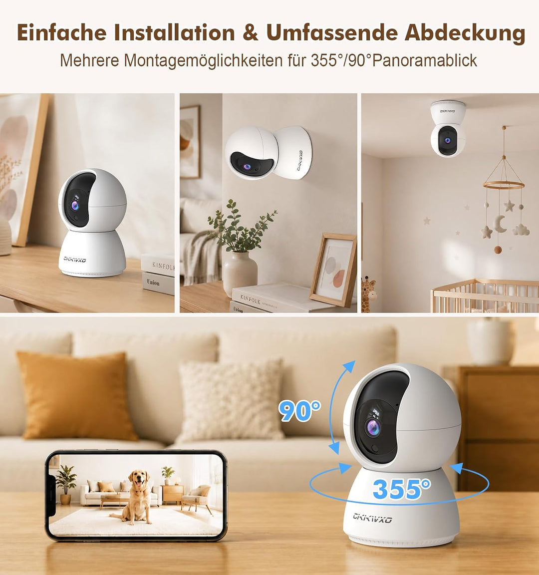2.4/5GHz Überwachungskamera Innen WLAN mit 2K (3MP) HD Kamera Überwachung Innen PTZ– Bewegungserkenn