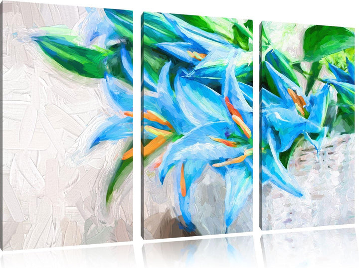 Pixxprint Blaue Blumen im Körbchen als Leinwandbild/Grösse: 3 Teilig (120x80 cm) cm/Wandbild/Kunstdr