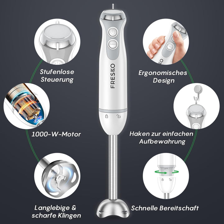 FRESKO 4-in-1 Stabmixer, 1000W Pürierstab Edelstahl, 12 Geschwindigkeiten und Turbo, inkl. 500ml Leb
